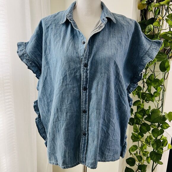 Madewell Indigo Blue Ruffle Trim Soft Flowy Oversize Denim Shirt - Size Medium - Picture 1 of 9